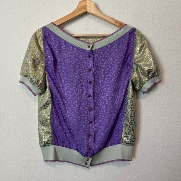 Louis Vuitton Gold Purple Metallic Jacquard Button-Back Top Women's Size 38 US 6 - Picture 4 of 8
